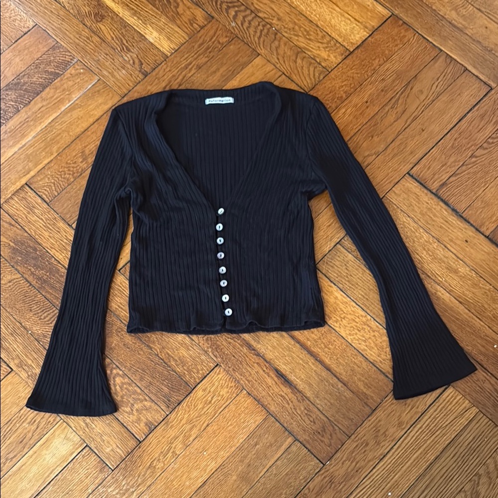 Black Ribbed Button-Up Top - image 1